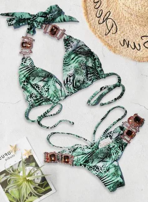 Rosa Halter Top & Strappy Skimpy Bottom Tiger Ocelot