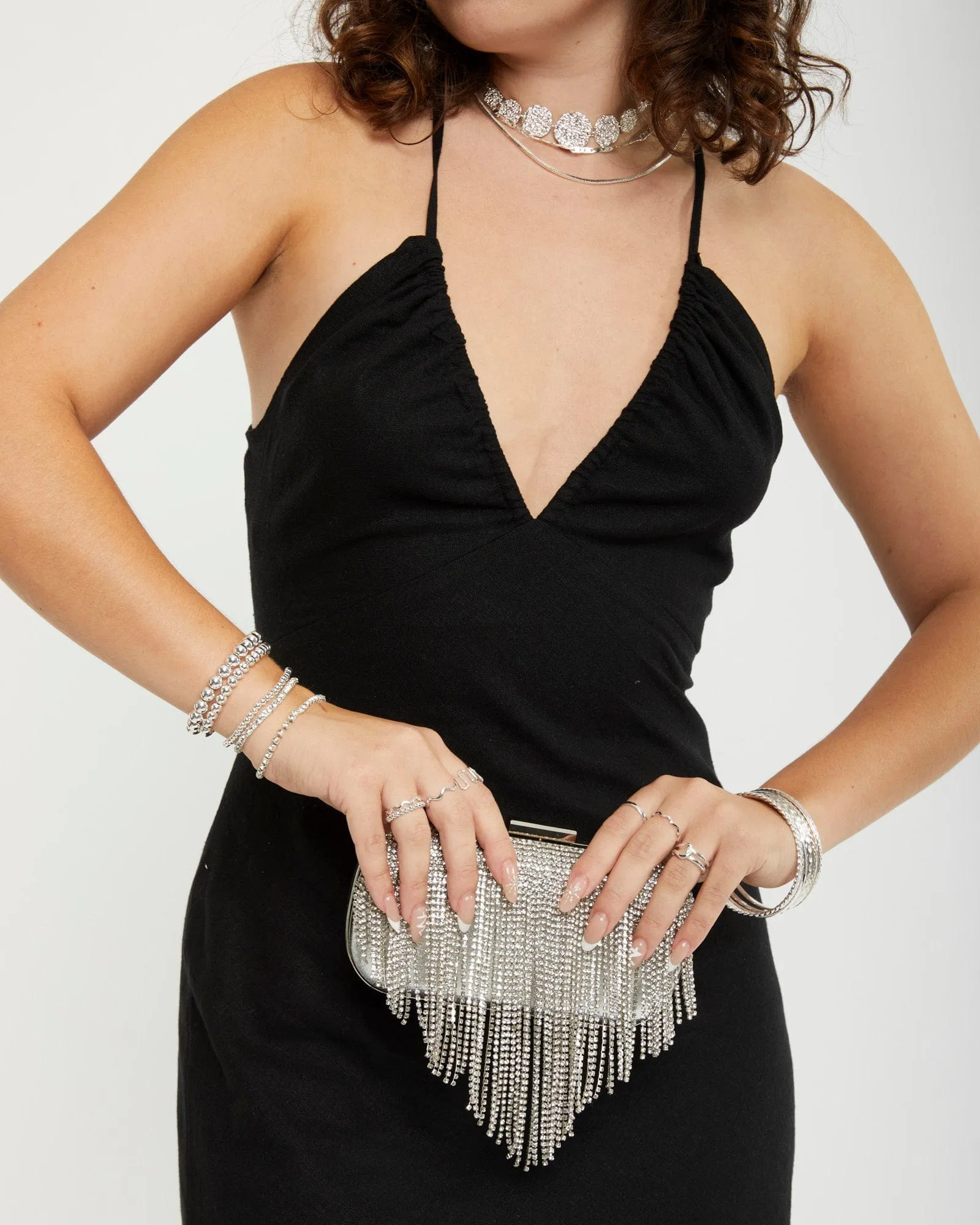 Silver Tahlia Fringe Clutch Bag