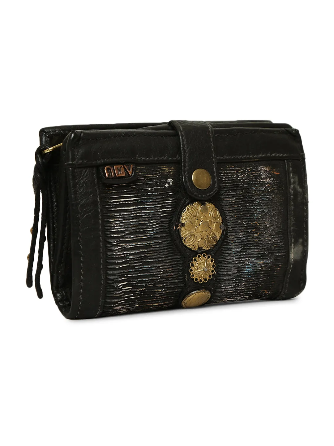 Silvia: Metallic Effect Razor With Golden Concho Leather Small Wallet.