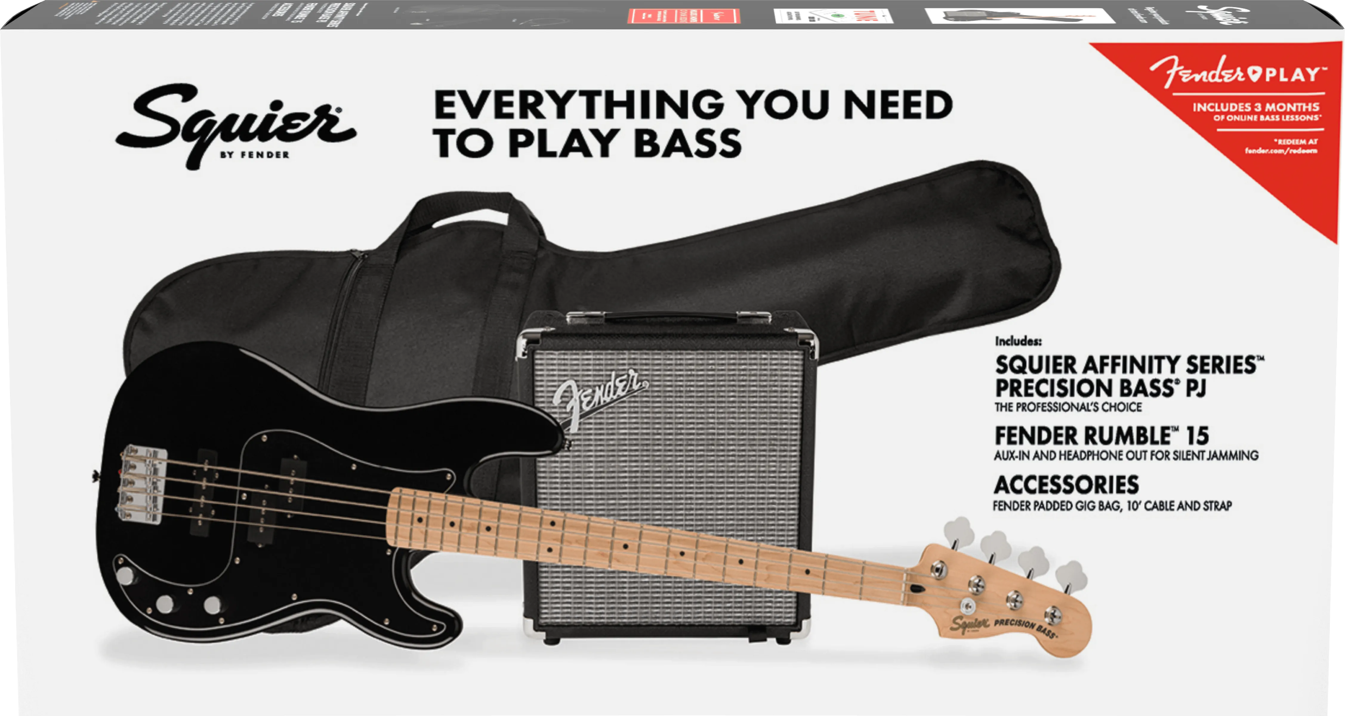 Squier Affinity Series Precision Bass PJ Pack Maple Fingerboard Black Gig Bag Rumble 15 - 240V AU