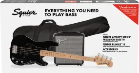 Squier Affinity Series Precision Bass PJ Pack Maple Fingerboard Black Gig Bag Rumble 15 - 240V AU