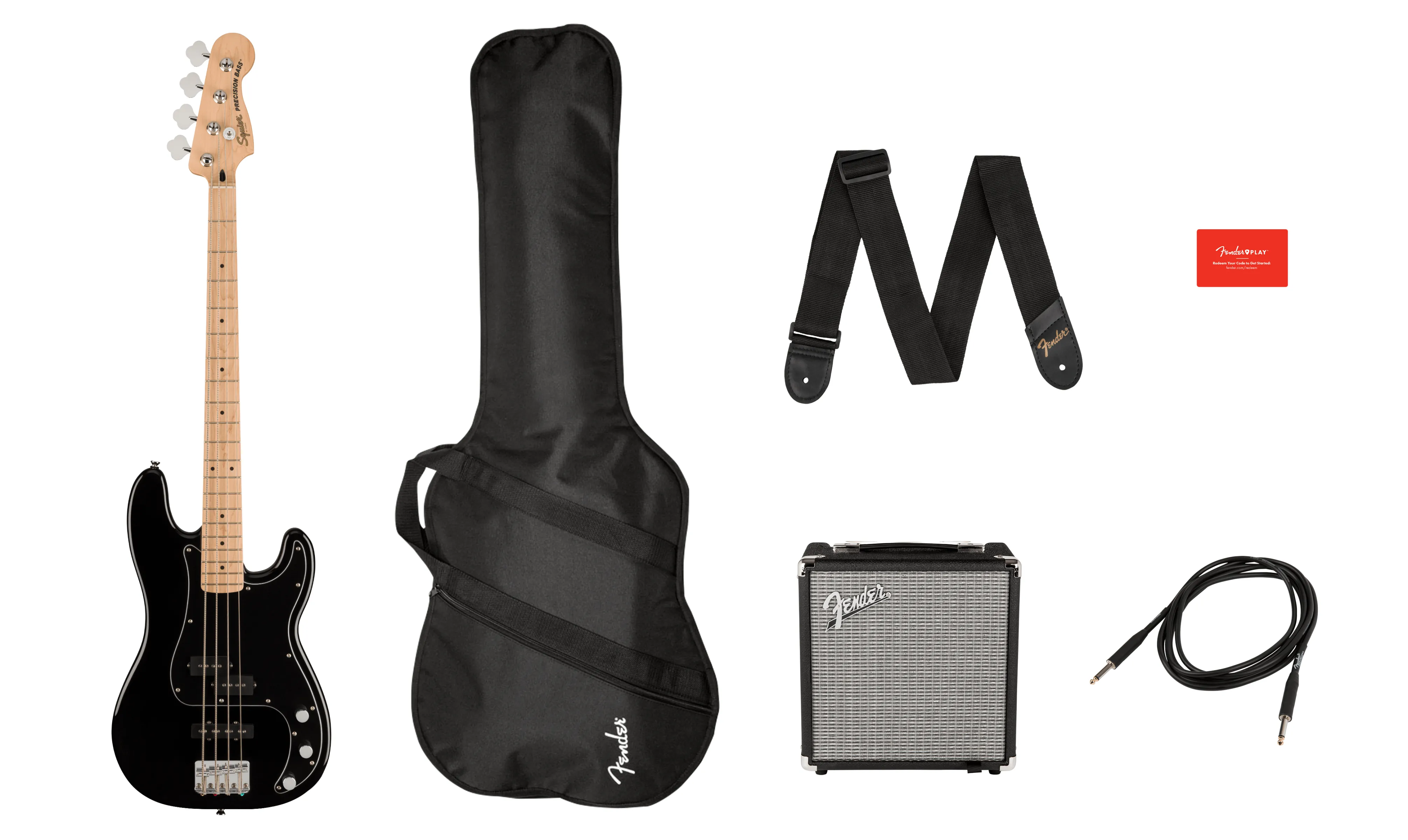 Squier Affinity Series Precision Bass PJ Pack Maple Fingerboard Black Gig Bag Rumble 15 - 240V AU
