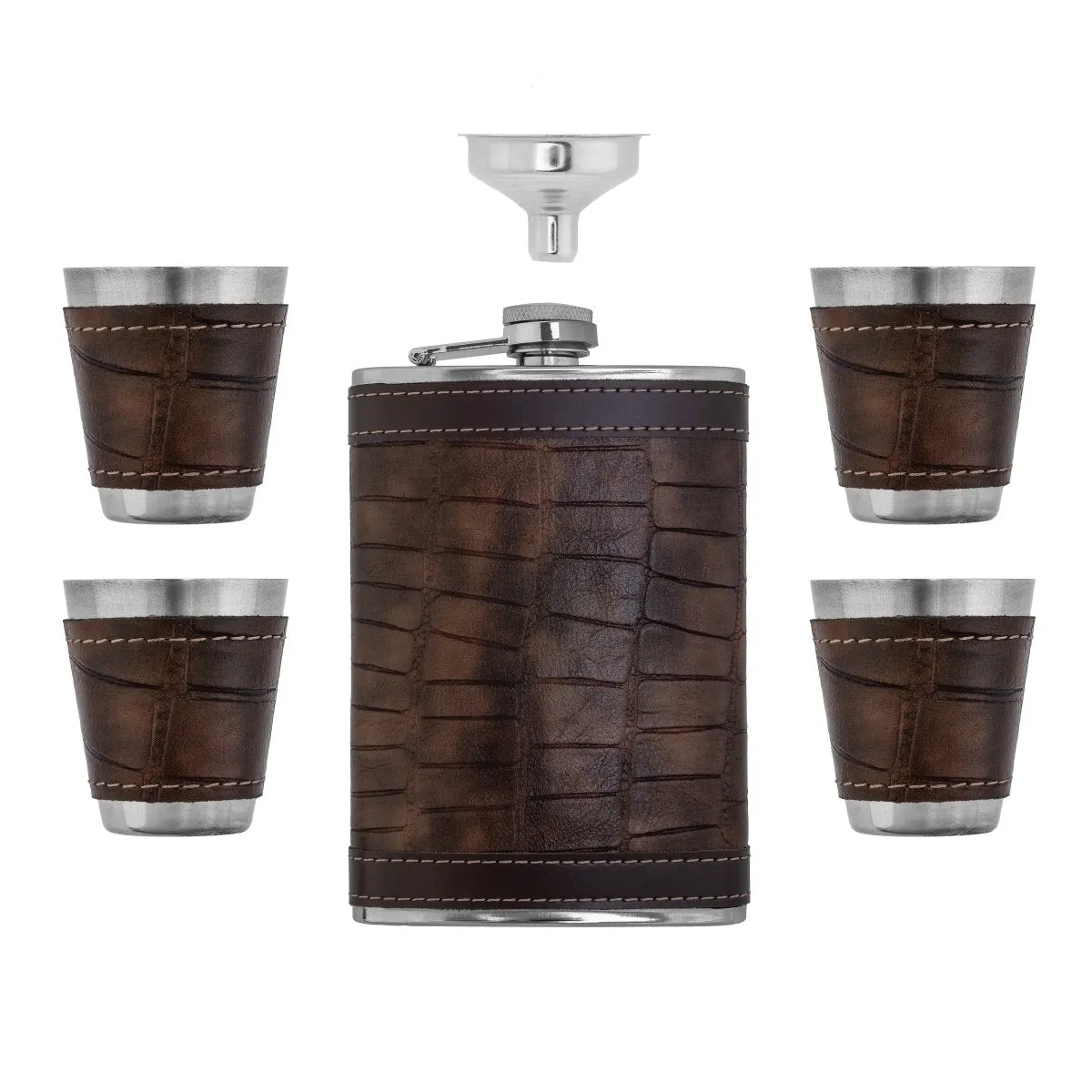 Stainless Steel Gift Set, 9 oz Brown Hip Flask with Shot Glasses