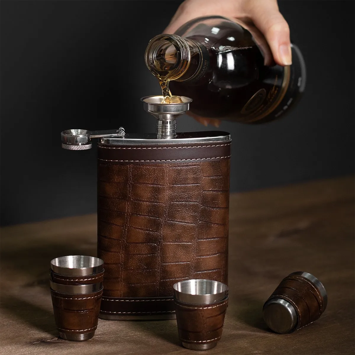 Stainless Steel Gift Set, 9 oz Brown Hip Flask with Shot Glasses