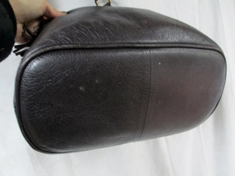 TOMMY HILFIGER Leather Purse Handbag Hobo Bucket Bag BROWN FRINGE M Tassel
