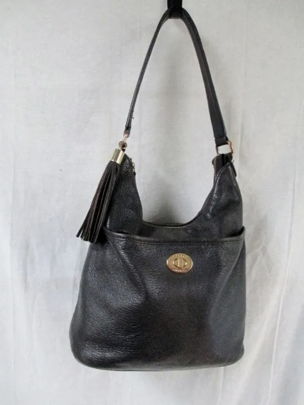 TOMMY HILFIGER Leather Purse Handbag Hobo Bucket Bag BROWN FRINGE M Tassel