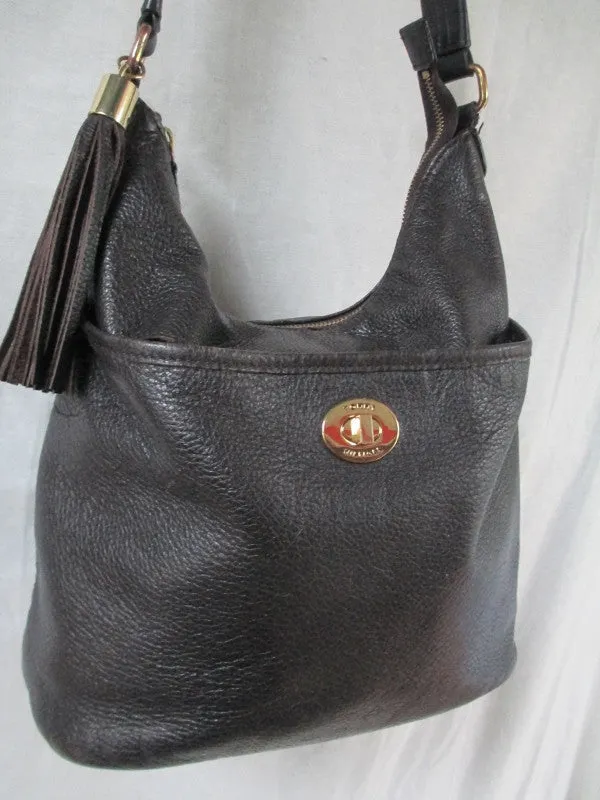 TOMMY HILFIGER Leather Purse Handbag Hobo Bucket Bag BROWN FRINGE M Tassel