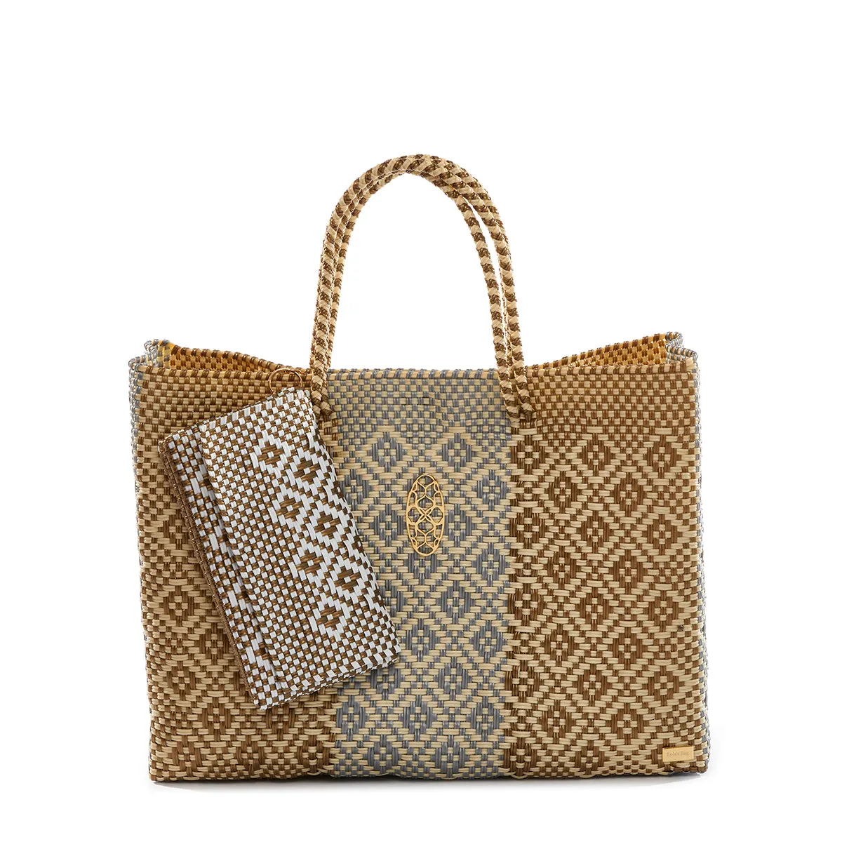 TRAVEL GOLD SILVER AZTECA STRIPE TOTE WITH CLUTCH