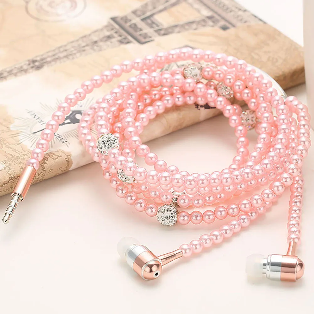 Wired Bling Jewelry Pearl Necklace Earphones
