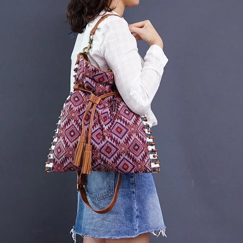 Womens Fabric Boho Handbags With Fringe Hippie Shoulder Bags For Women
