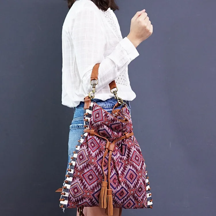 Womens Fabric Boho Handbags With Fringe Hippie Shoulder Bags For Women