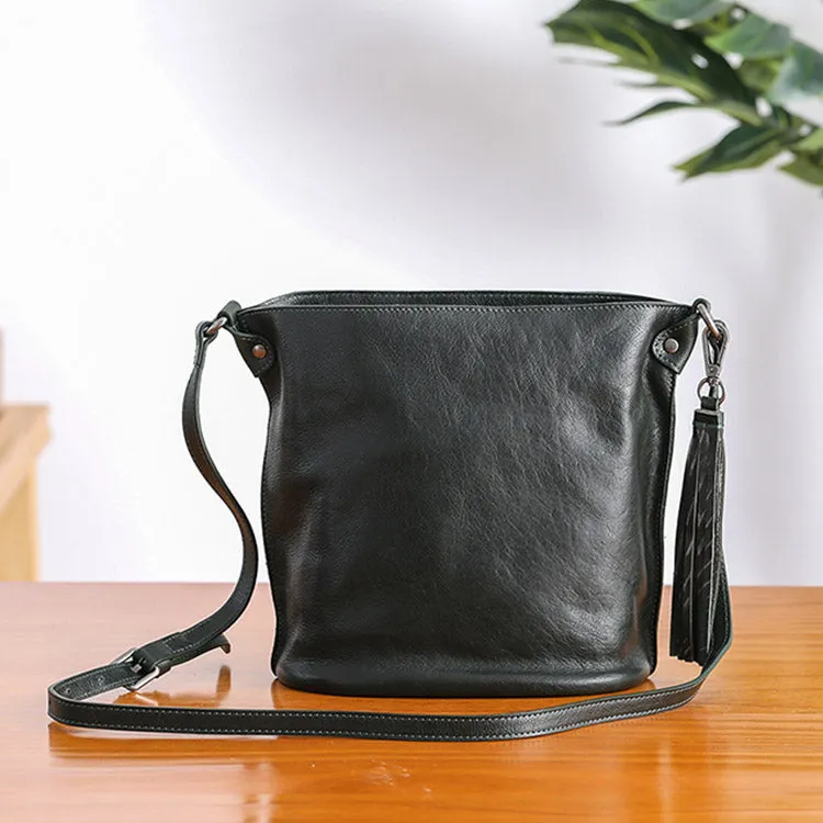 Womens Leather Fringe Crossbody Purse Bucket Bag Over the Shoulder Bag for Women