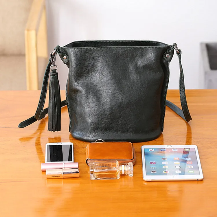 Womens Leather Fringe Crossbody Purse Bucket Bag Over the Shoulder Bag for Women