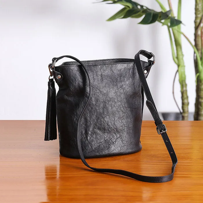 Womens Leather Fringe Crossbody Purse Bucket Bag Over the Shoulder Bag for Women