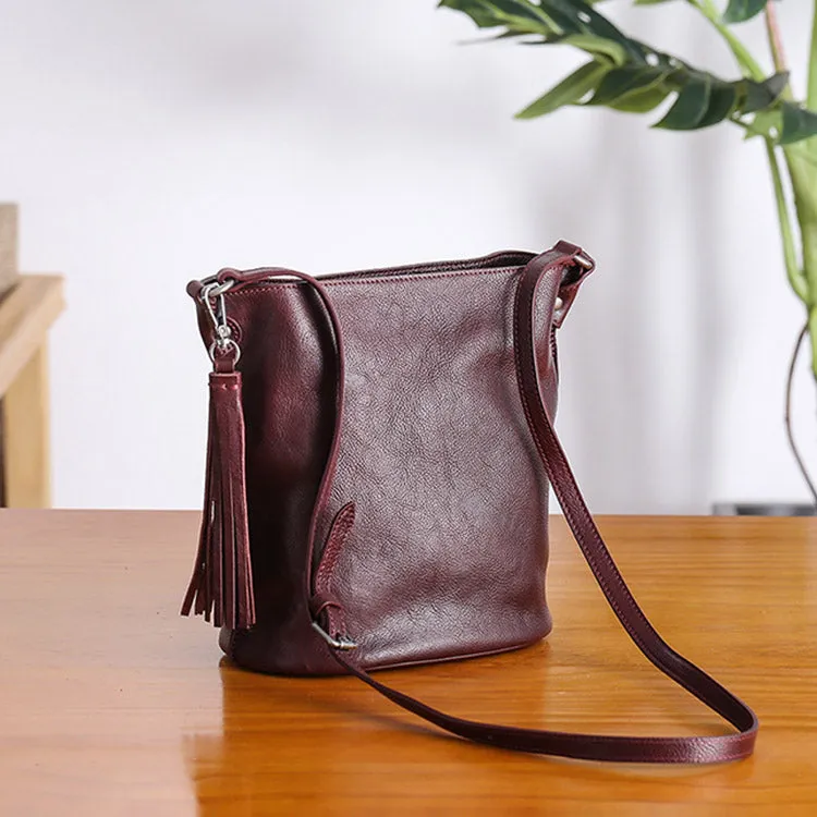 Womens Leather Fringe Crossbody Purse Bucket Bag Over the Shoulder Bag for Women