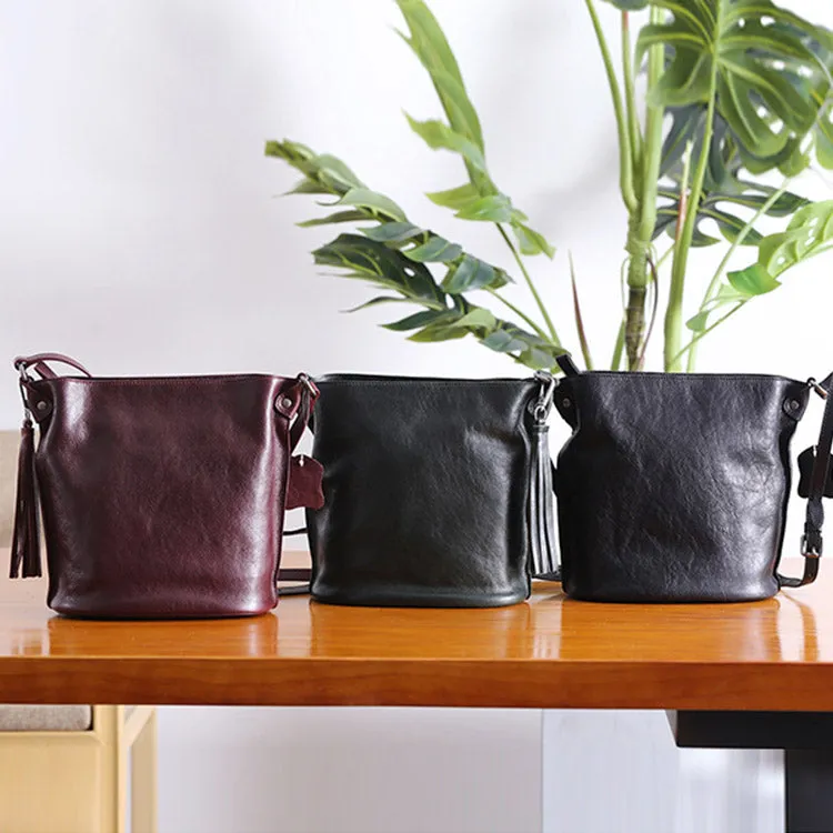 Womens Leather Fringe Crossbody Purse Bucket Bag Over the Shoulder Bag for Women