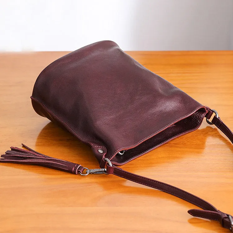 Womens Leather Fringe Crossbody Purse Bucket Bag Over the Shoulder Bag for Women
