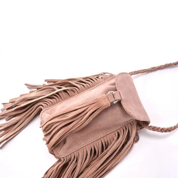 Womens Small Leather Crossbody Boho Bag Fringe Purse for Women