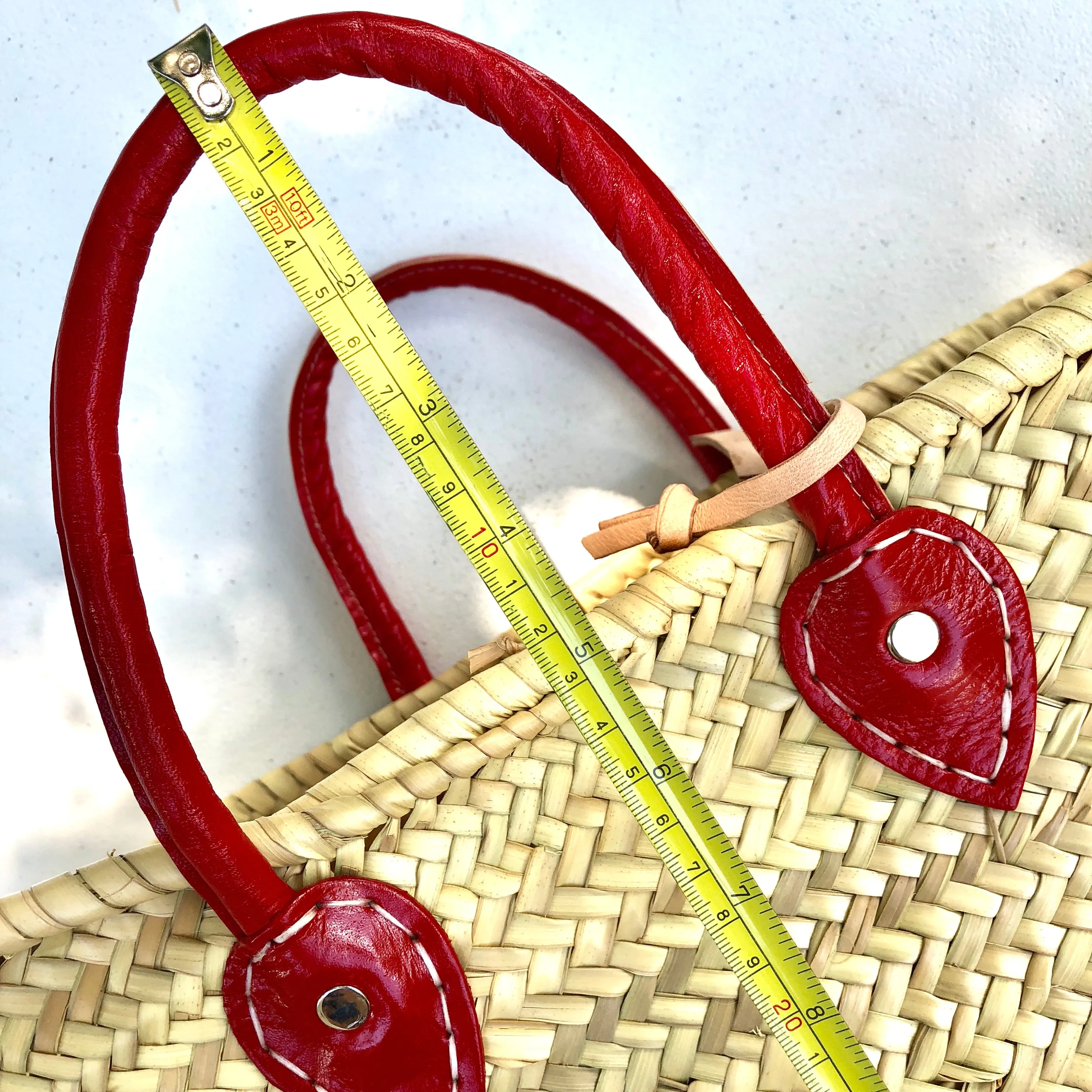Woven Tote Bag with Red Leather Handles