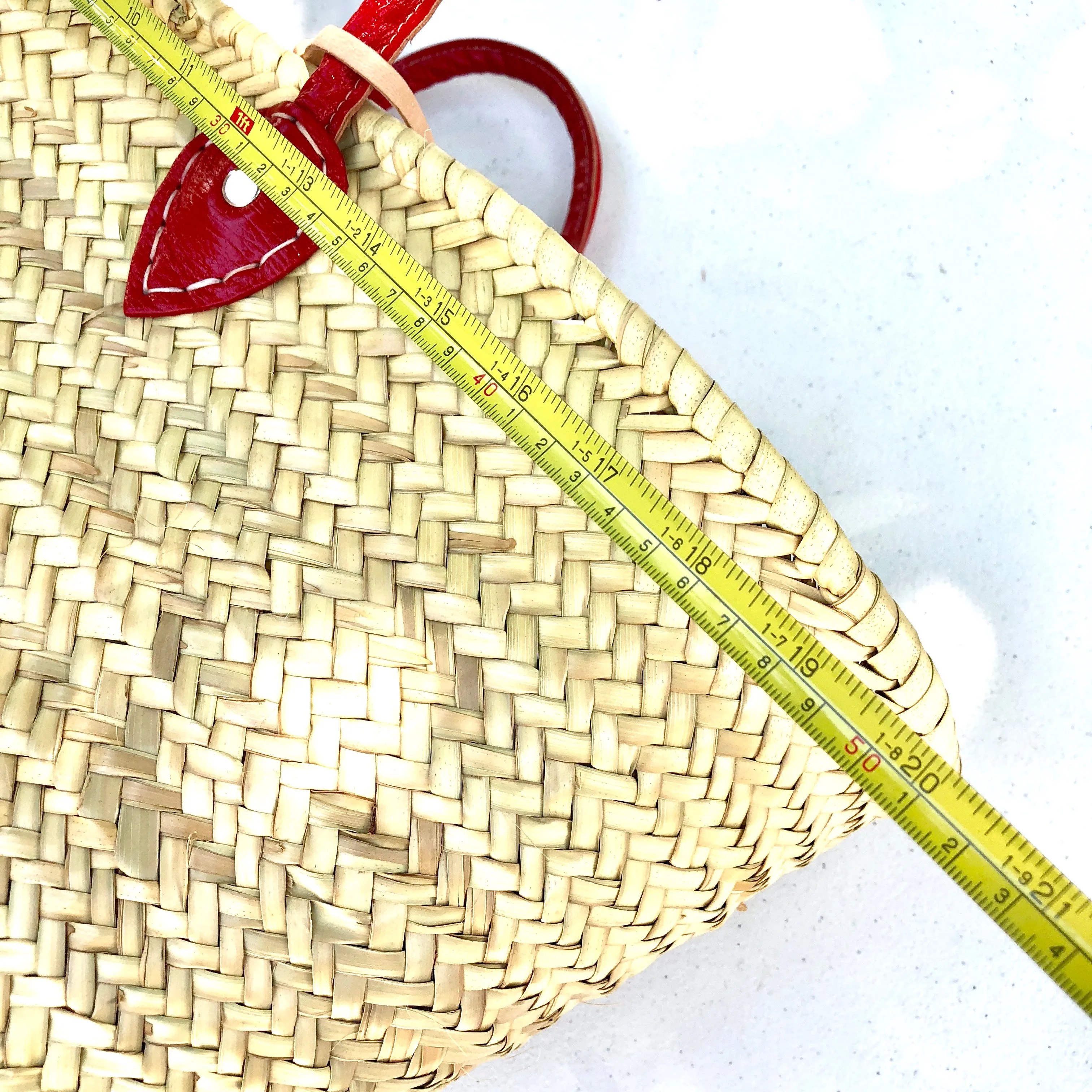Woven Tote Bag with Red Leather Handles