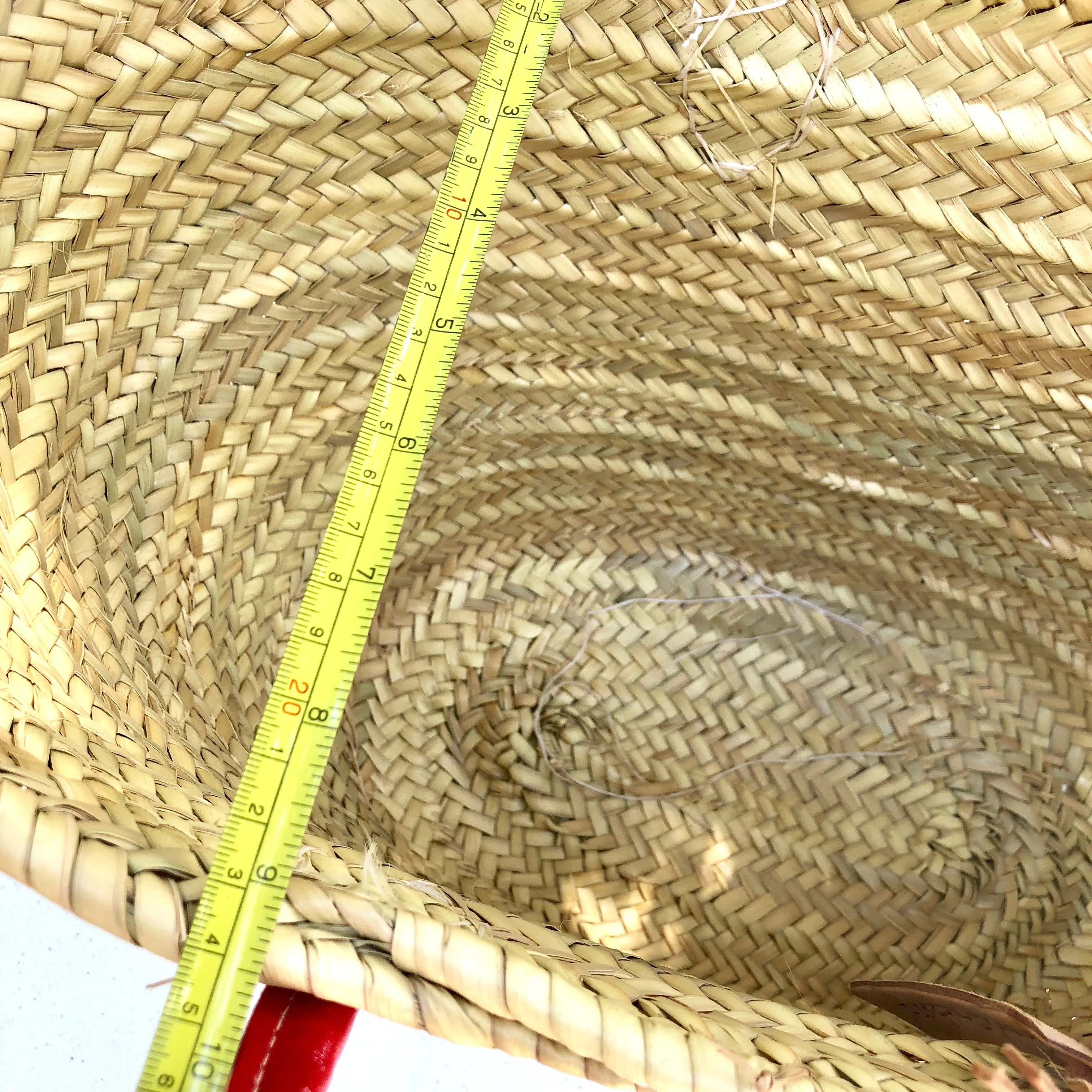 Woven Tote Bag with Red Leather Handles