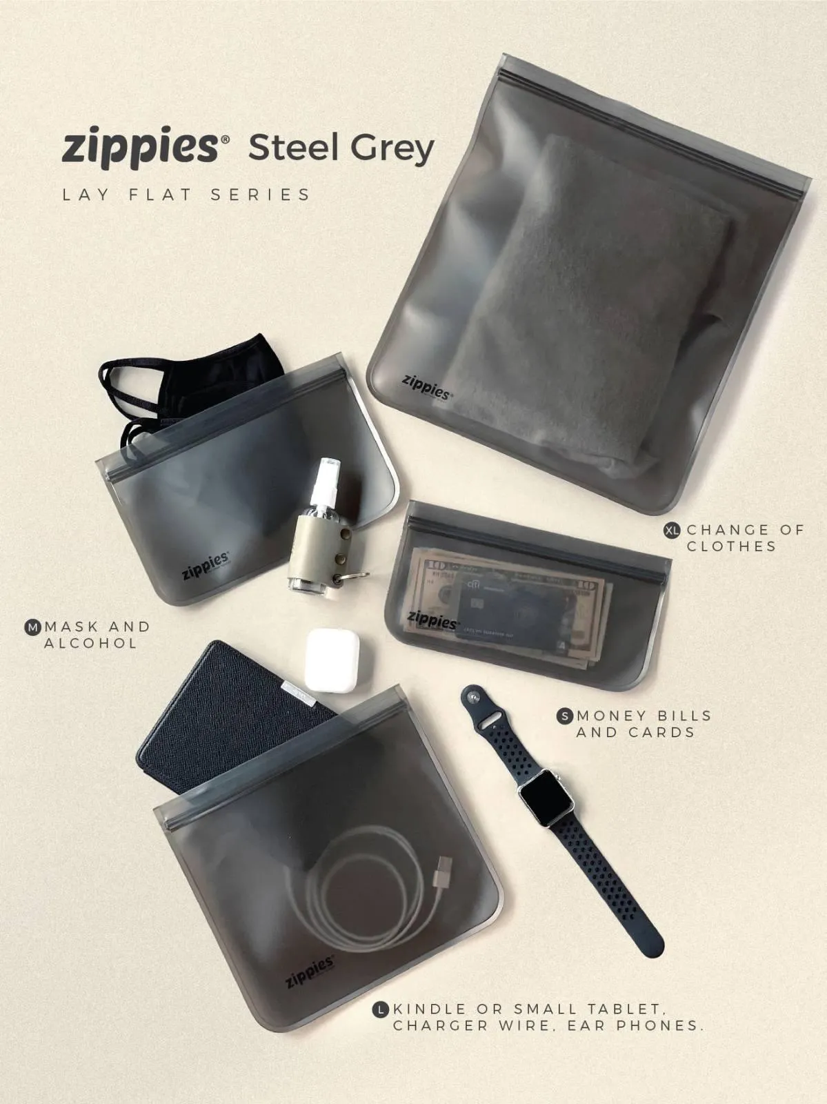 Zippies Reusable Bags Lay Flat Series - Steel Grey